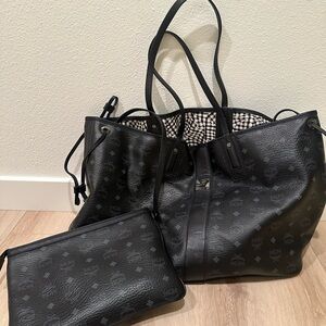 MCM Black Perforated Tote with Matching Pouch